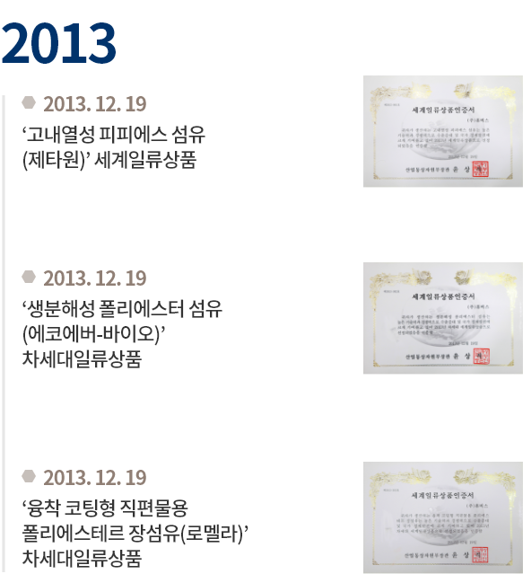 2013.12.19 ‘고내열성 피피에스 섬유(제타원)’ 세계일류상품/ 2013.12.19 ‘생분해성 폴리에스터 섬유(에코에버-바이오)’
                            차세대일류상품/ 2013.12.19 ‘융착 코팅형 직편물용 폴리에스테르 장섬유(로멜라)’
                            차세대일류상품