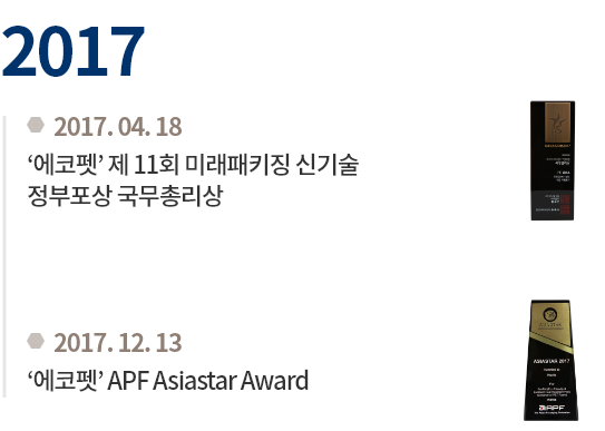 2017.04.18 '에코펫' 제 11회 미래패키징 신기술 정부포상 국무총리상/ 2017.12.13 '에코펫' APF Asiadstar Award