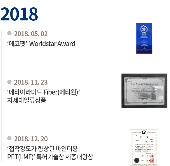 2018.05.02 '에코펫’  Worldstar Award/ 2018.11.23 '메타아라미드 Fiber(메타원)' 차세대일류상품/ 2018.12.20 ‘접착강도가 향상된 바인더용 PET(LMF)’ 특허기술상 
                            세종대왕상